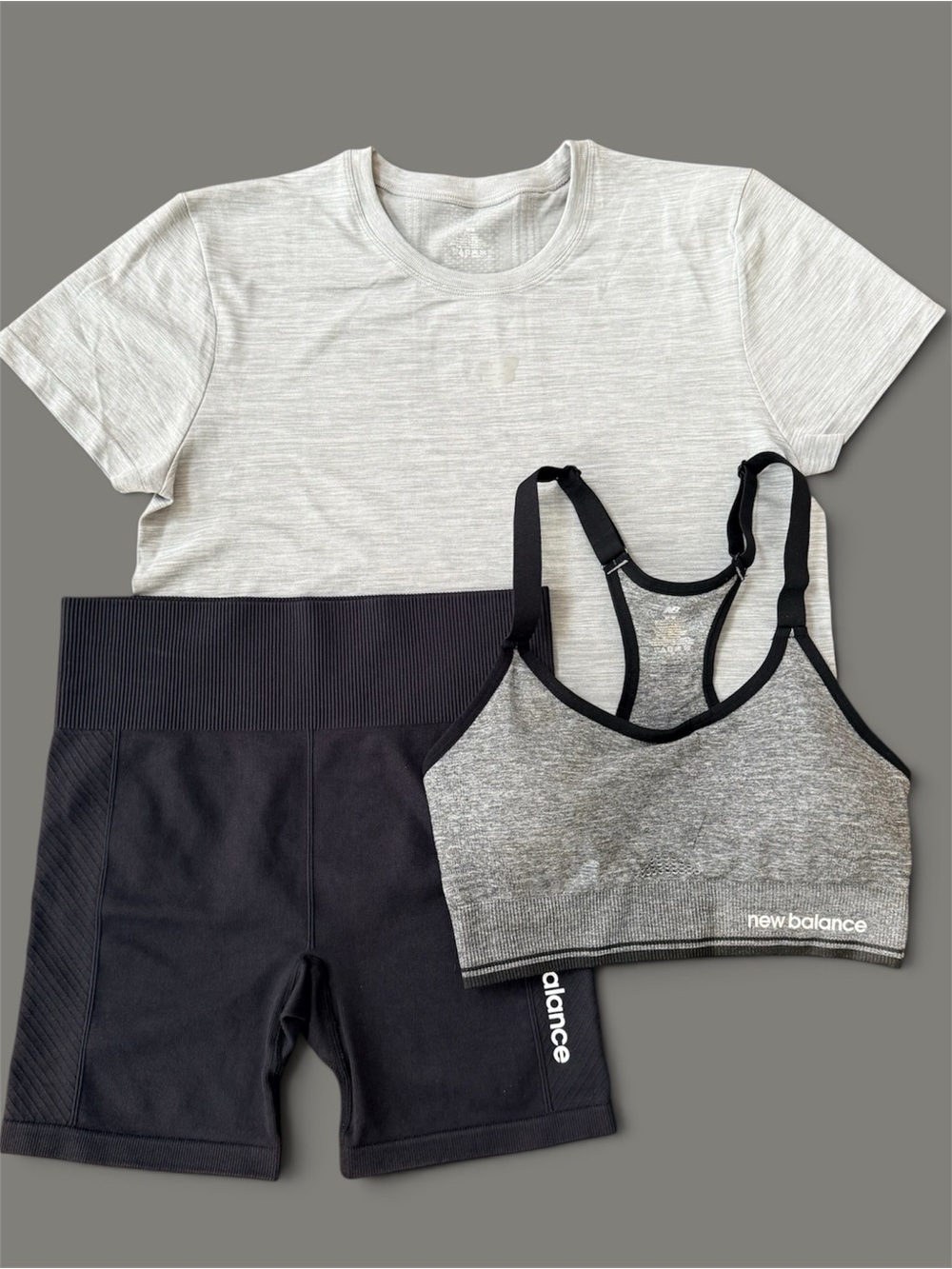 NWOT New Balance 3pc Active Set Grey Sports Bra & Black Shorts & Tee Top